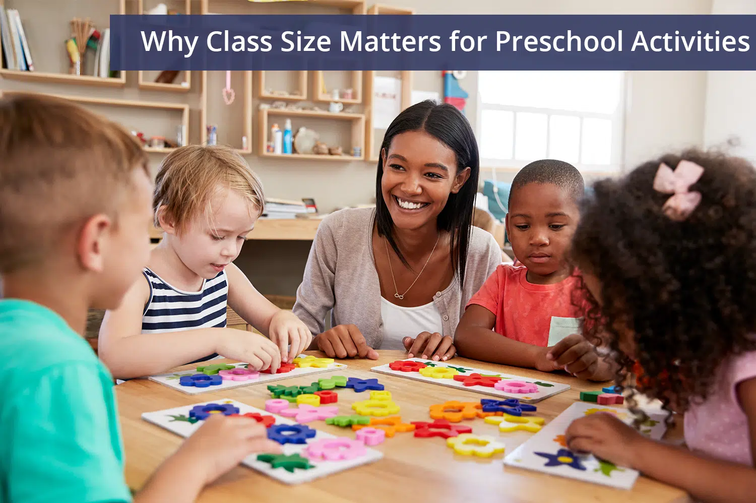 A small class of preschoolers taking part in preschool activities with their teacher.