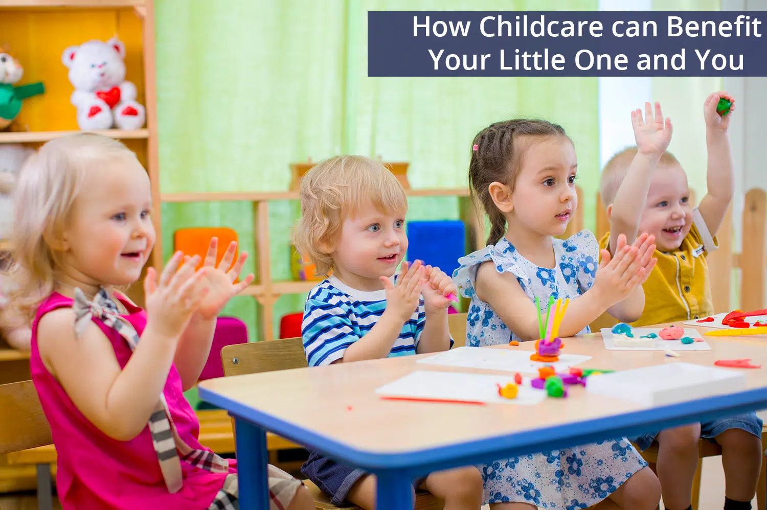 Young children in a childcare center playing with colored play-dough.